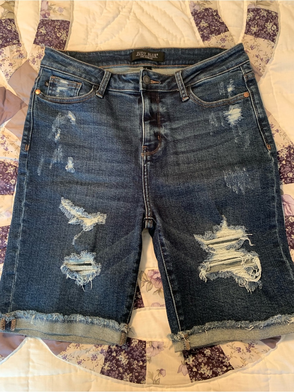 Judy Blue Distressed Medium Blue Denim Bermuda Shorts